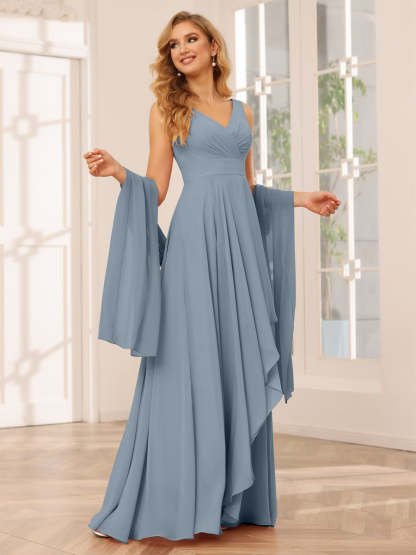 V-Neck Sleeveless A-Line Princess Floor-Length Asymmetrical Ruffled Bridesmaid Dresses