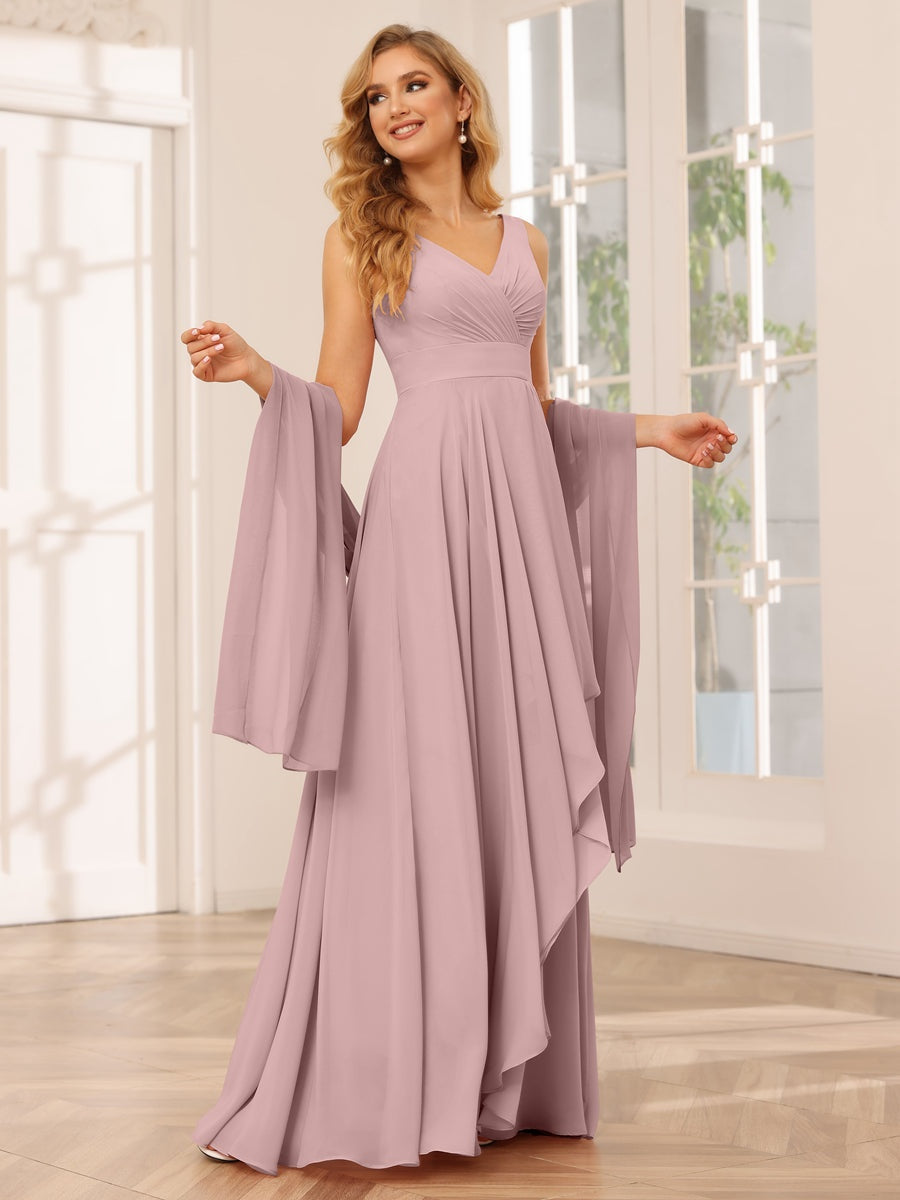 V-Neck Sleeveless A-Line Princess Floor-Length Asymmetrical Ruffled Bridesmaid Dresses