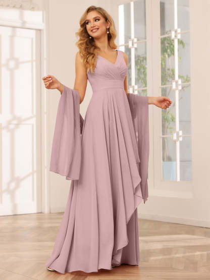 V-Neck Sleeveless A-Line Princess Floor-Length Asymmetrical Ruffled Bridesmaid Dresses