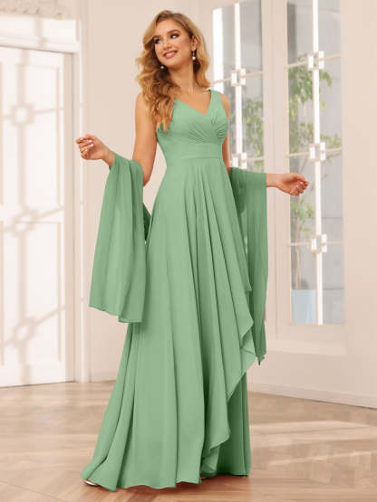 V-Neck Sleeveless A-Line Princess Floor-Length Asymmetrical Ruffled Bridesmaid Dresses
