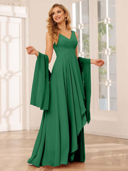V-Neck Sleeveless A-Line Princess Floor-Length Asymmetrical Ruffled Bridesmaid Dresses