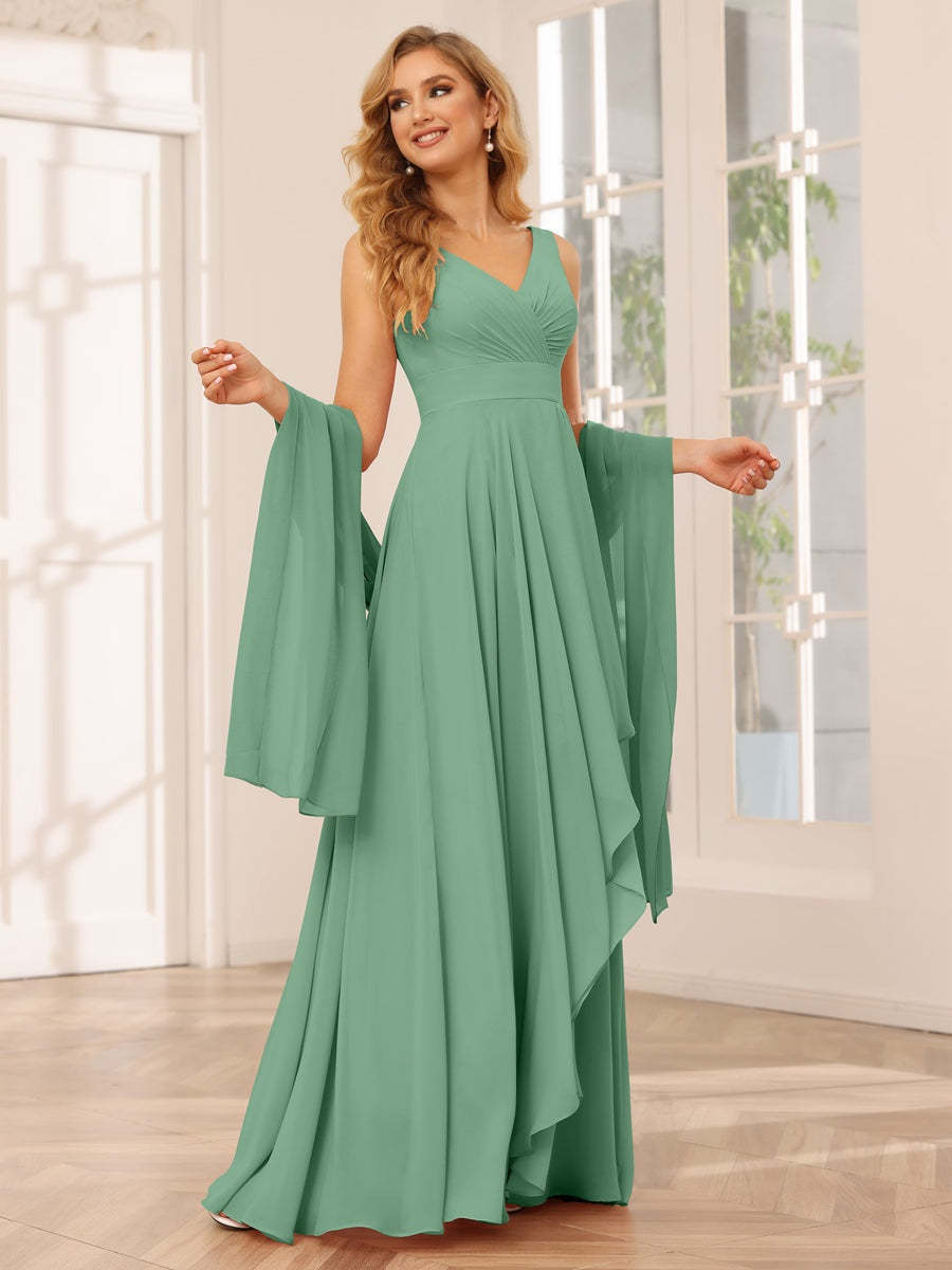 V-Neck Sleeveless A-Line Princess Floor-Length Asymmetrical Ruffled Bridesmaid Dresses
