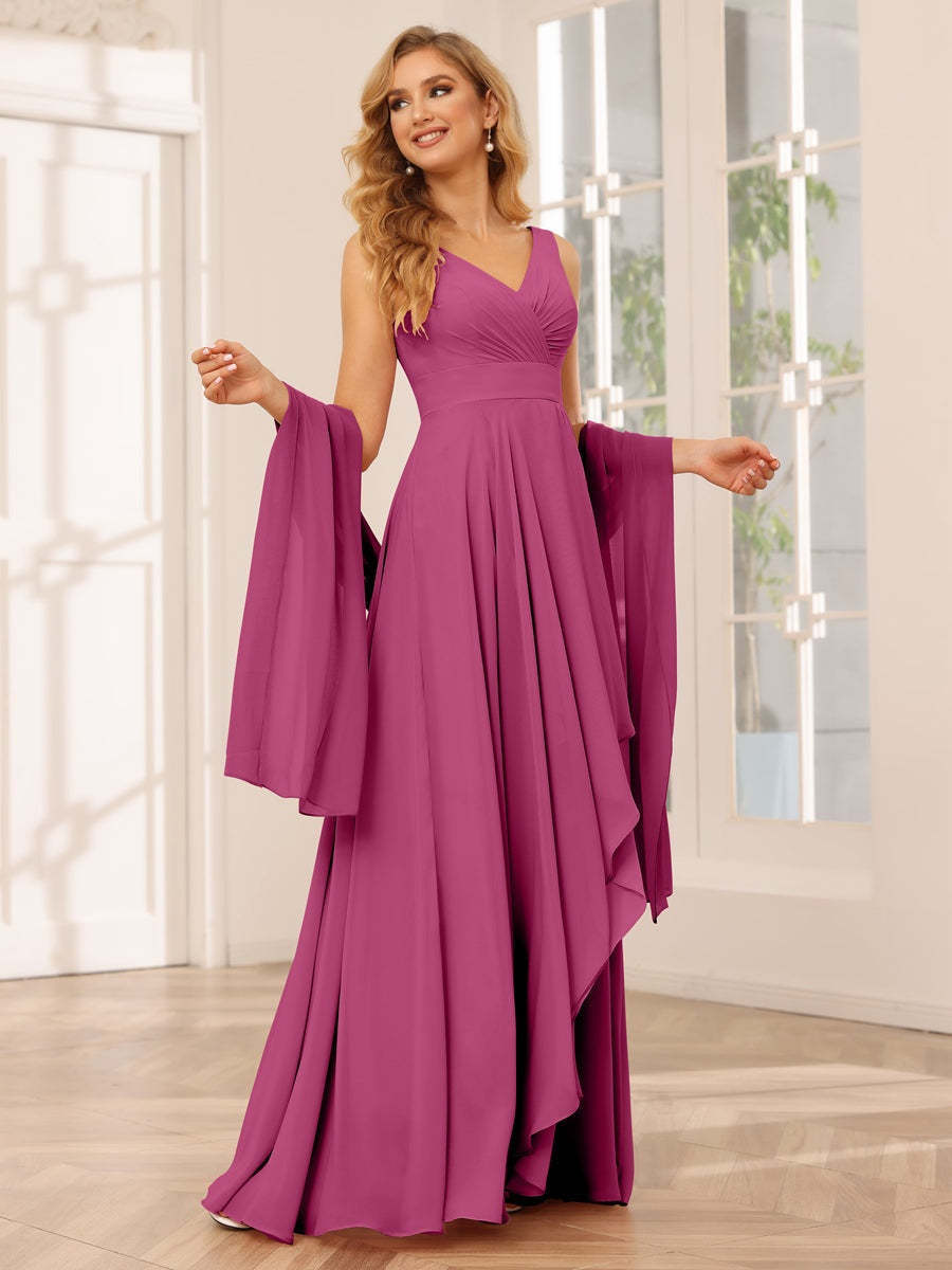 V-Neck Sleeveless A-Line Princess Floor-Length Asymmetrical Ruffled Bridesmaid Dresses