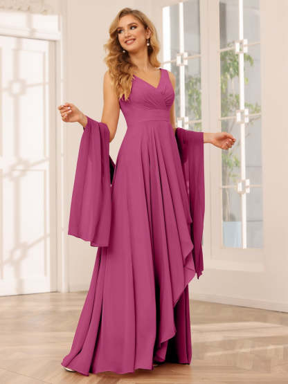 V-Neck Sleeveless A-Line Princess Floor-Length Asymmetrical Ruffled Bridesmaid Dresses