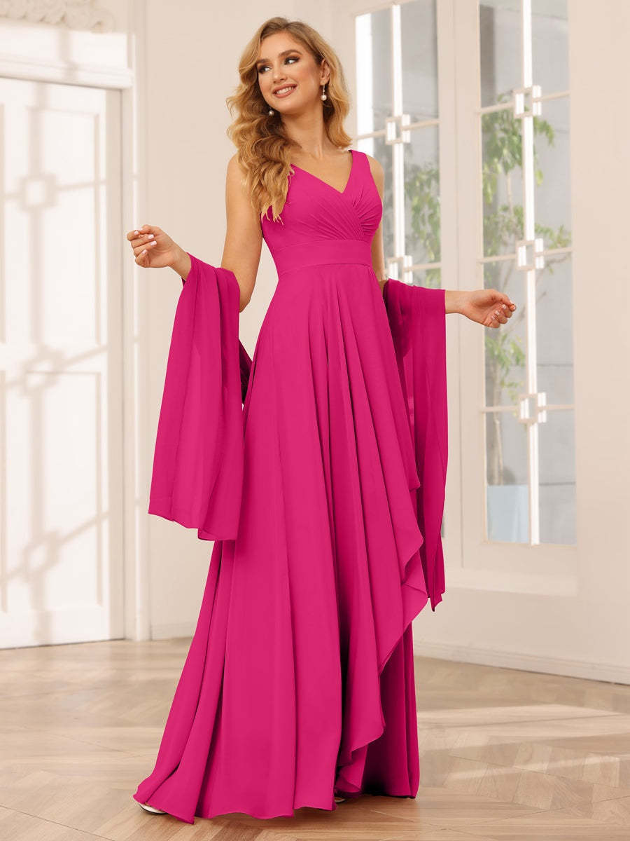 V-Neck Sleeveless A-Line Princess Floor-Length Asymmetrical Ruffled Bridesmaid Dresses