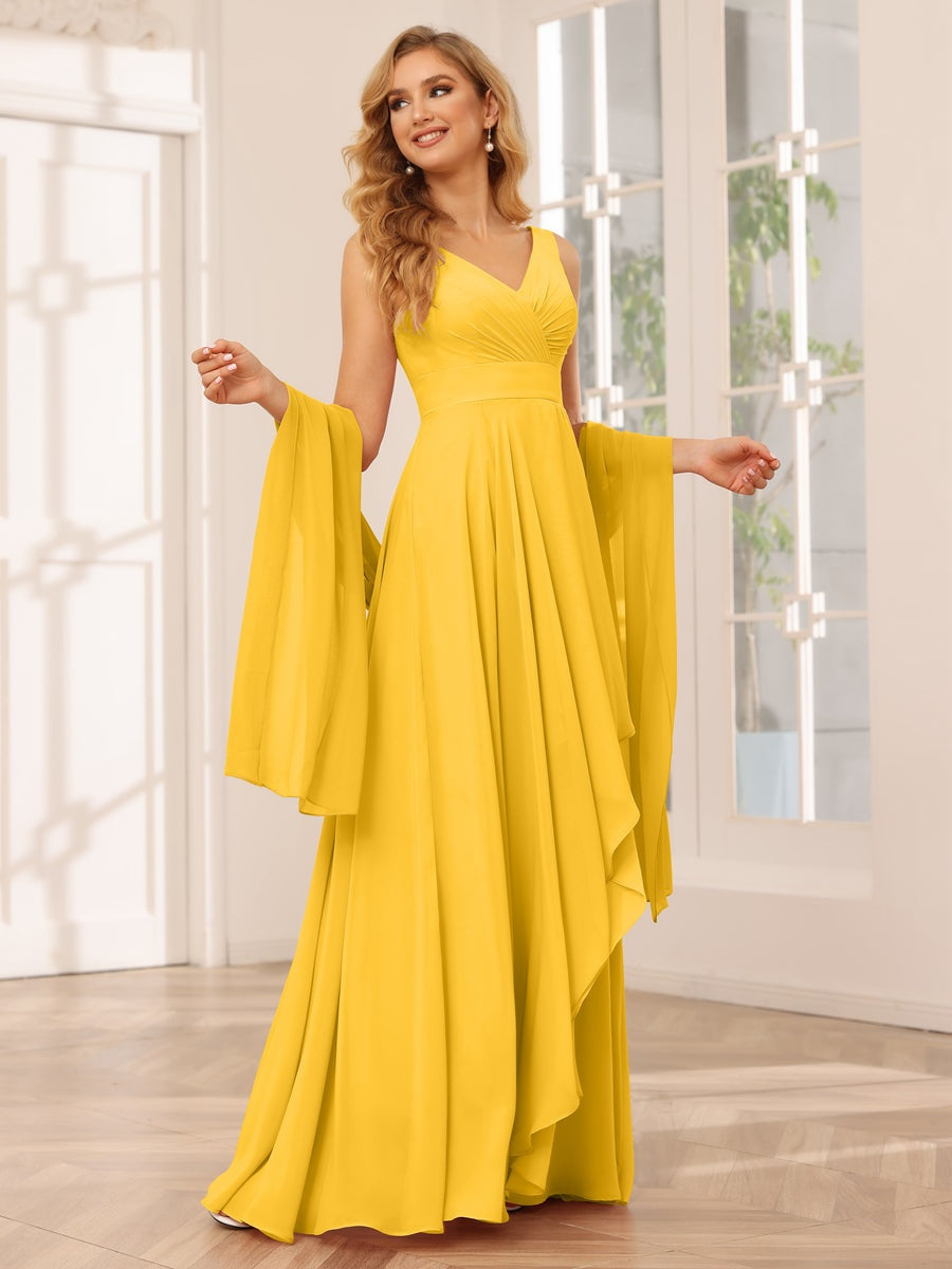 V-Neck Sleeveless A-Line Princess Floor-Length Asymmetrical Ruffled Bridesmaid Dresses