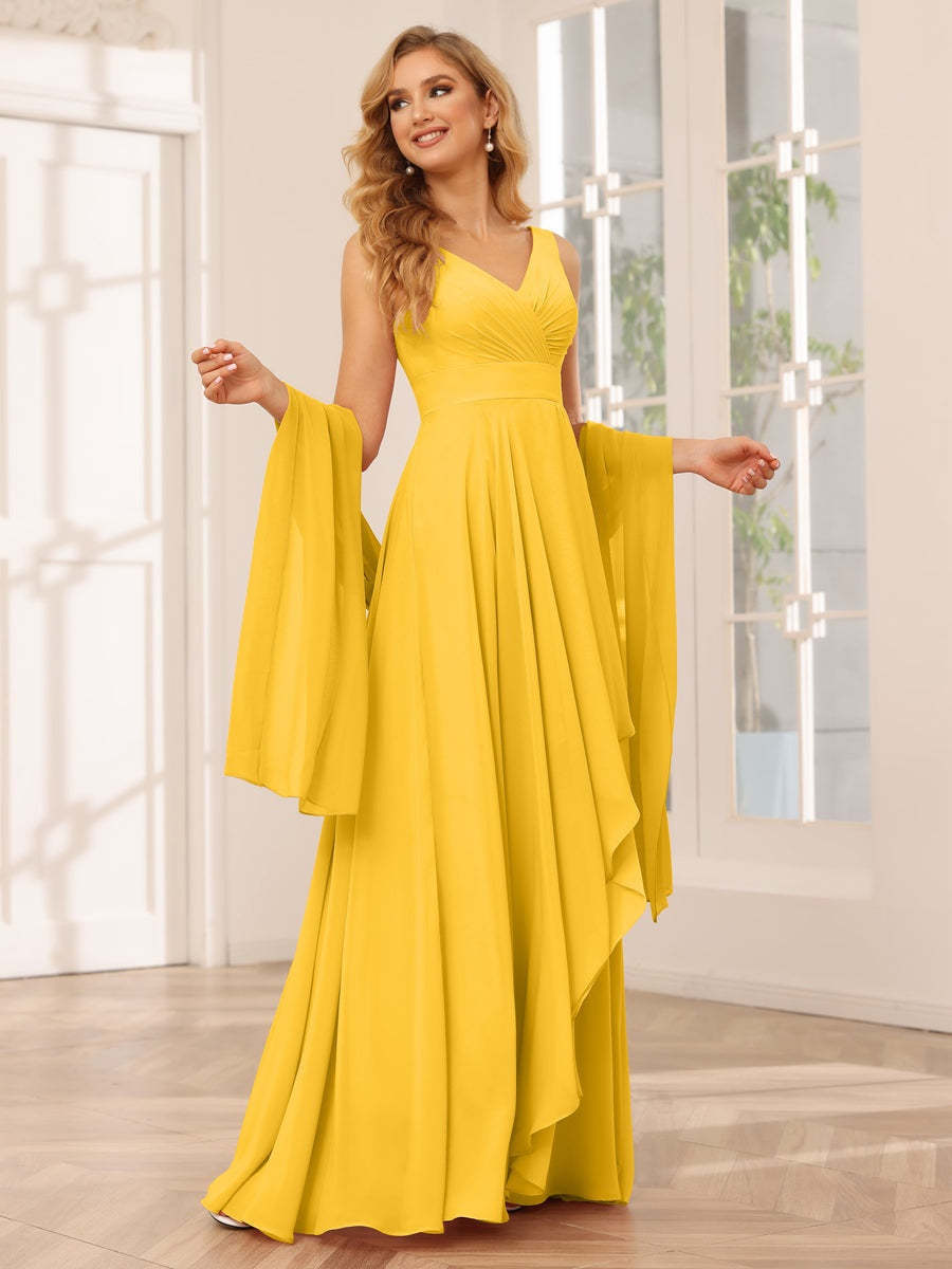 V-Neck Sleeveless A-Line Princess Floor-Length Asymmetrical Ruffled Bridesmaid Dresses