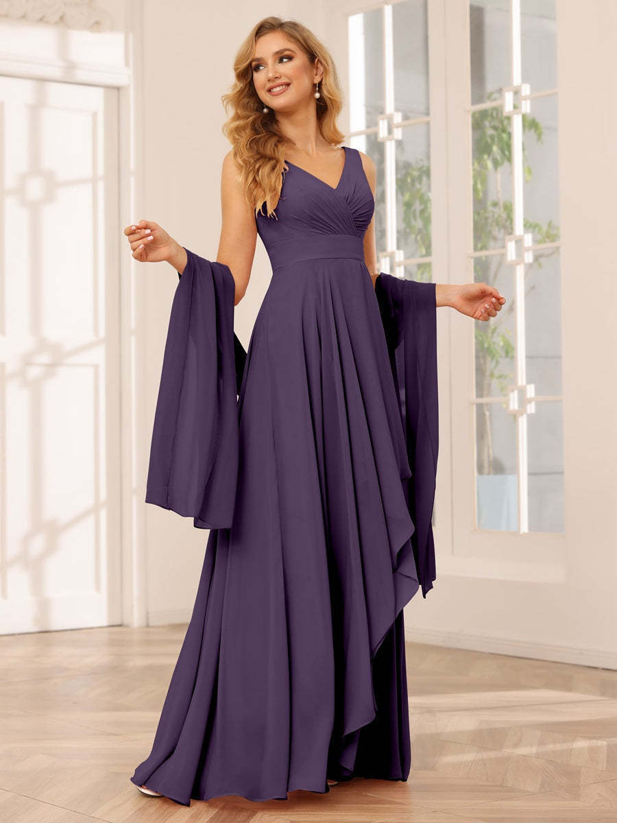 V-Neck Sleeveless A-Line Princess Floor-Length Asymmetrical Ruffled Bridesmaid Dresses