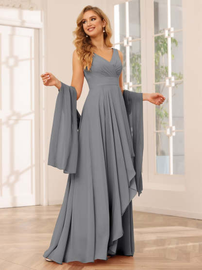 V-Neck Sleeveless A-Line Princess Floor-Length Asymmetrical Ruffled Bridesmaid Dresses