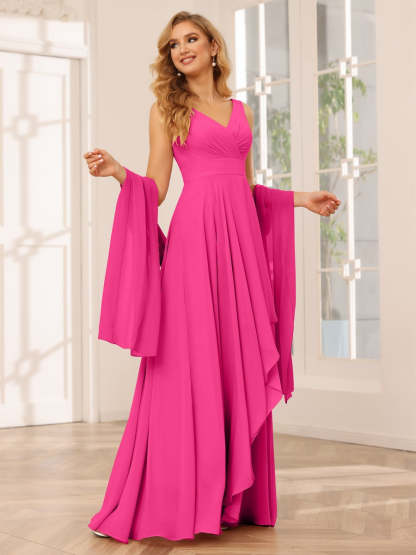 V-Neck Sleeveless A-Line Princess Floor-Length Asymmetrical Ruffled Bridesmaid Dresses