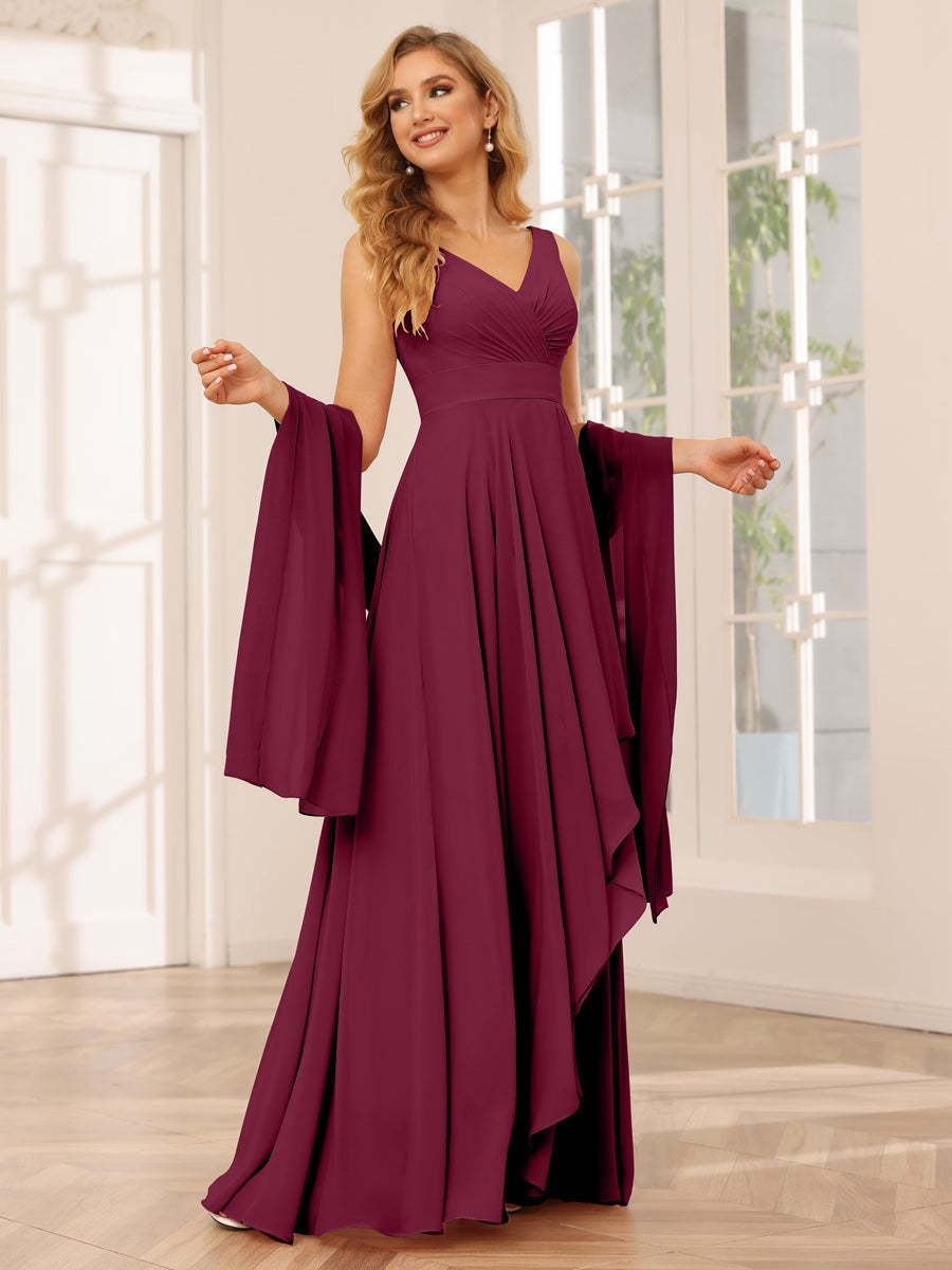 V-Neck Sleeveless A-Line Princess Floor-Length Asymmetrical Ruffled Bridesmaid Dresses