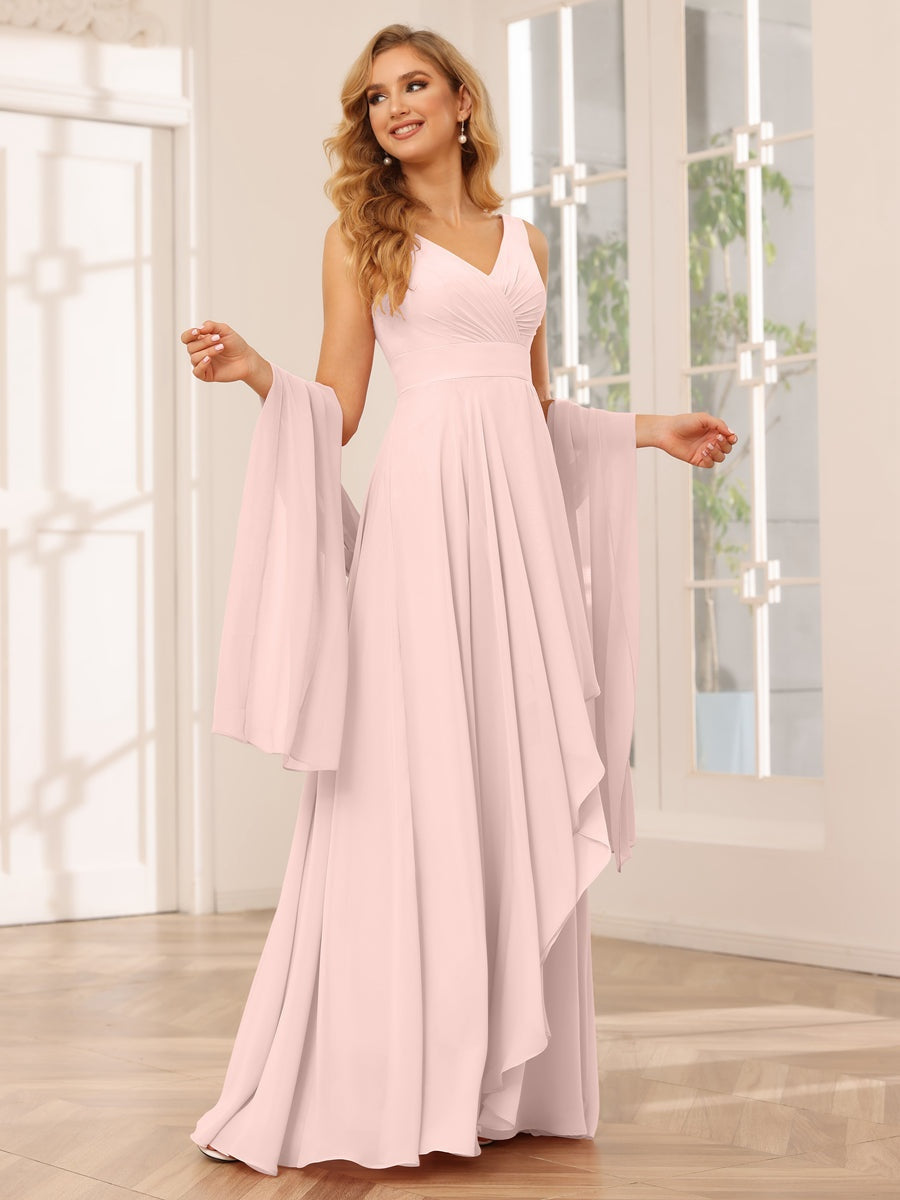 V-Neck Sleeveless A-Line Princess Floor-Length Asymmetrical Ruffled Bridesmaid Dresses