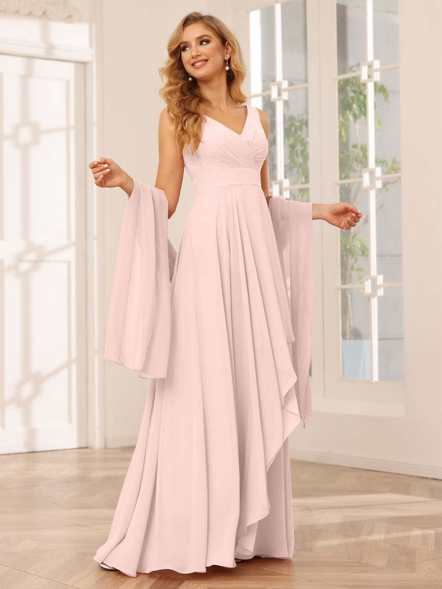 V-Neck Sleeveless A-Line Princess Floor-Length Asymmetrical Ruffled Bridesmaid Dresses