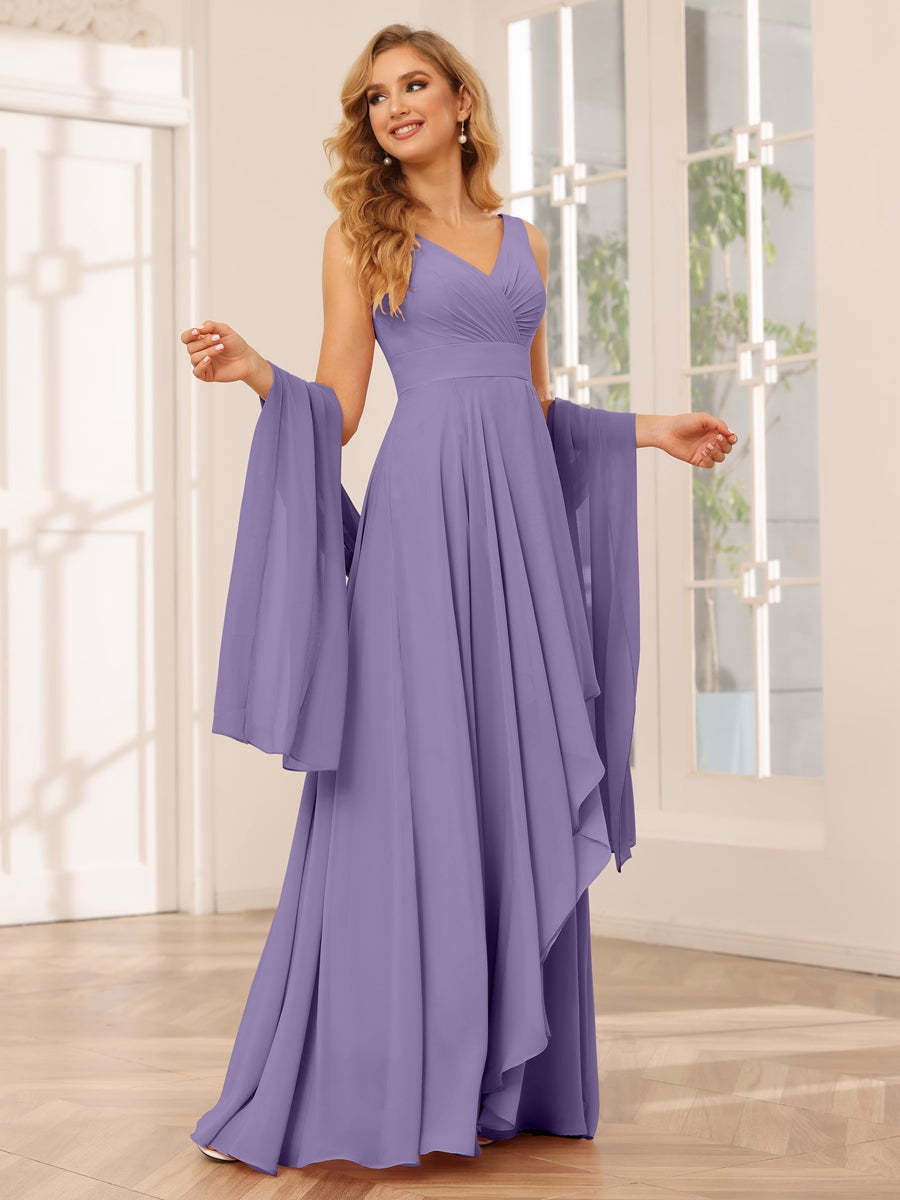 V-Neck Sleeveless A-Line Princess Floor-Length Asymmetrical Ruffled Bridesmaid Dresses