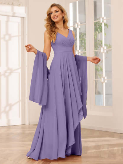 V-Neck Sleeveless A-Line Princess Floor-Length Asymmetrical Ruffled Bridesmaid Dresses
