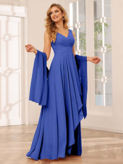 V-Neck Sleeveless A-Line Princess Floor-Length Asymmetrical Ruffled Bridesmaid Dresses