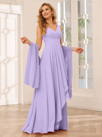 V-Neck Sleeveless A-Line Princess Floor-Length Asymmetrical Ruffled Bridesmaid Dresses