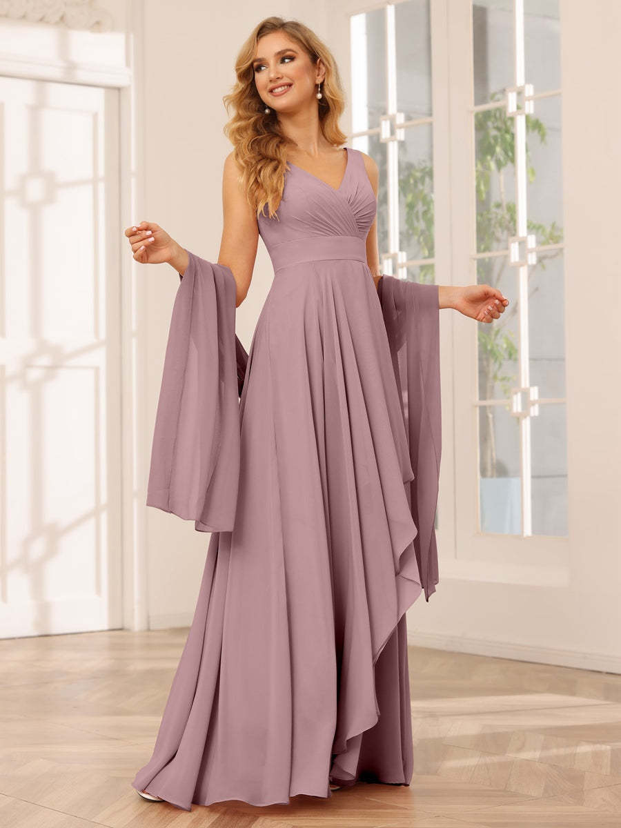 V-Neck Sleeveless A-Line Princess Floor-Length Asymmetrical Ruffled Bridesmaid Dresses