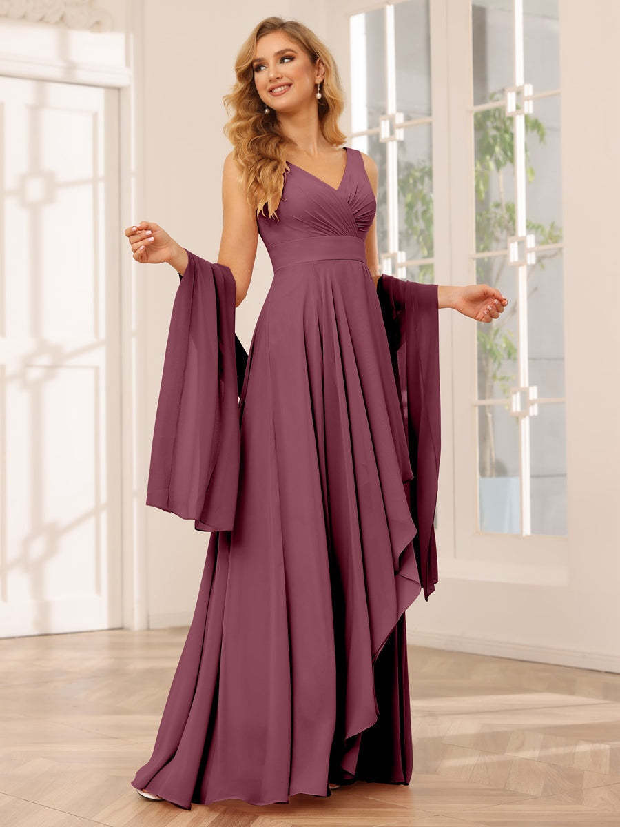 V-Neck Sleeveless A-Line Princess Floor-Length Asymmetrical Ruffled Bridesmaid Dresses