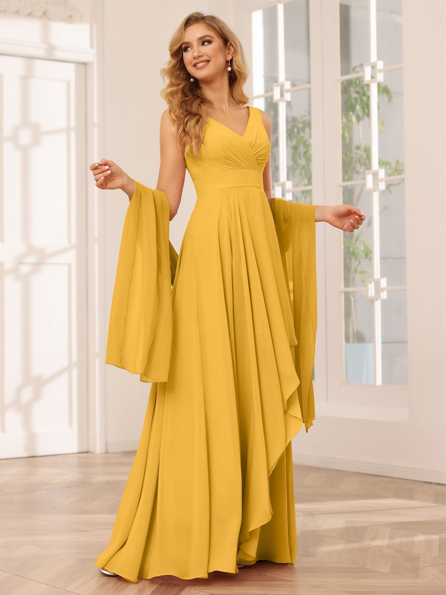 V-Neck Sleeveless A-Line Princess Floor-Length Asymmetrical Ruffled Bridesmaid Dresses