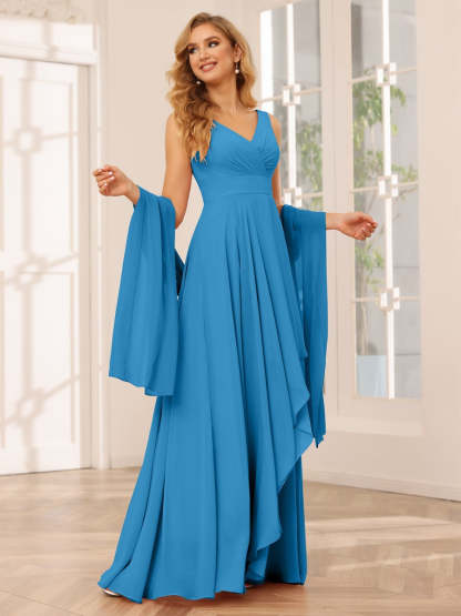 V-Neck Sleeveless A-Line Princess Floor-Length Asymmetrical Ruffled Bridesmaid Dresses