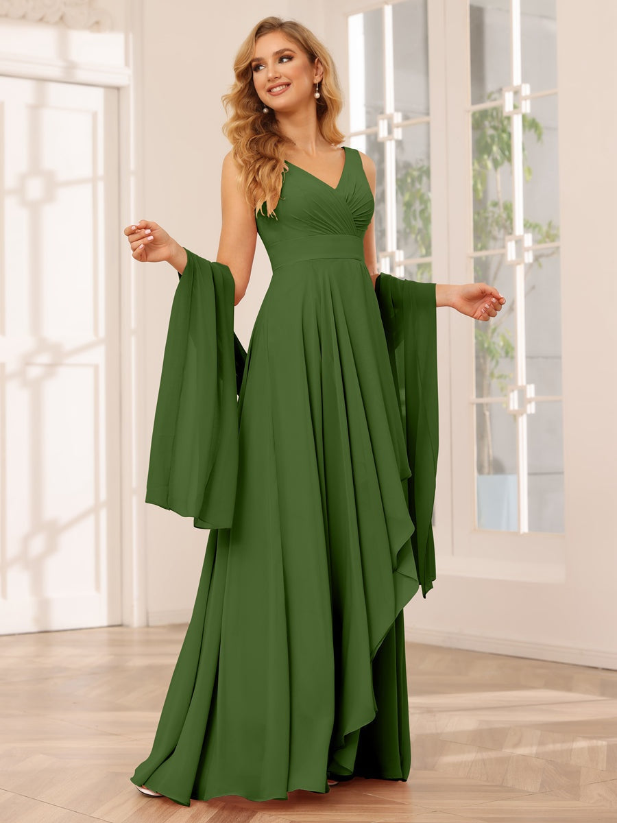 V-Neck Sleeveless A-Line Princess Floor-Length Asymmetrical Ruffled Bridesmaid Dresses