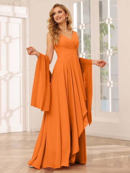 V-Neck Sleeveless A-Line Princess Floor-Length Asymmetrical Ruffled Bridesmaid Dresses