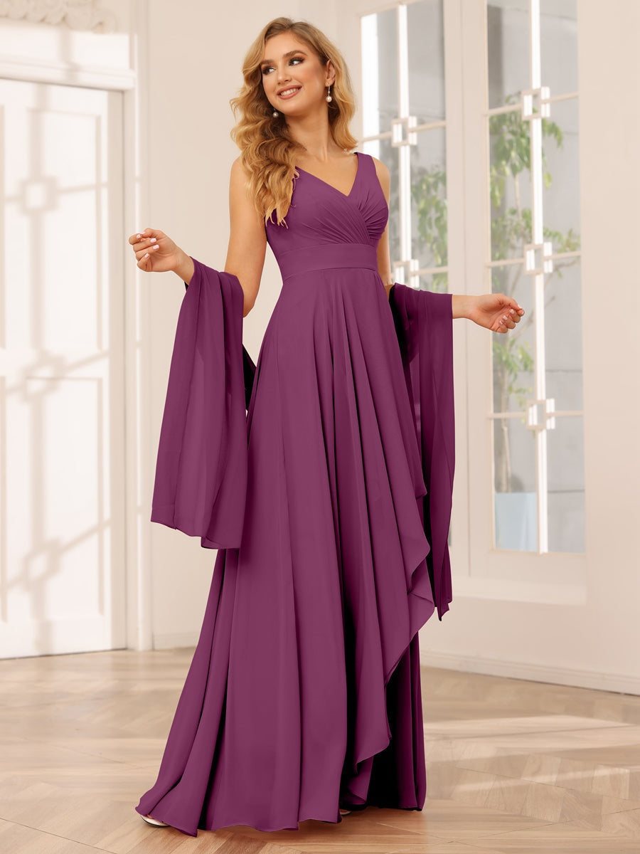 V-Neck Sleeveless A-Line Princess Floor-Length Asymmetrical Ruffled Bridesmaid Dresses