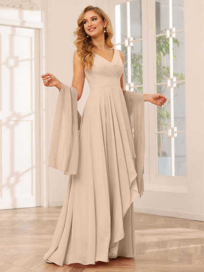 V-Neck Sleeveless A-Line Princess Floor-Length Asymmetrical Ruffled Bridesmaid Dresses