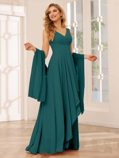 V-Neck Sleeveless A-Line Princess Floor-Length Asymmetrical Ruffled Bridesmaid Dresses