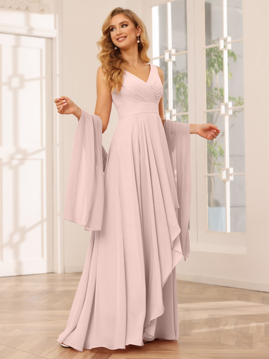 V-Neck Sleeveless A-Line Princess Floor-Length Asymmetrical Ruffled Bridesmaid Dresses