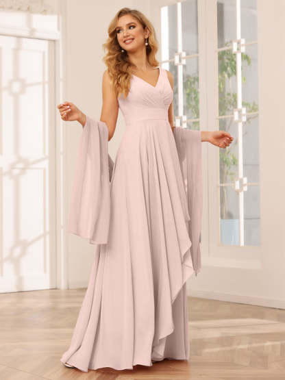 V-Neck Sleeveless A-Line Princess Floor-Length Asymmetrical Ruffled Bridesmaid Dresses
