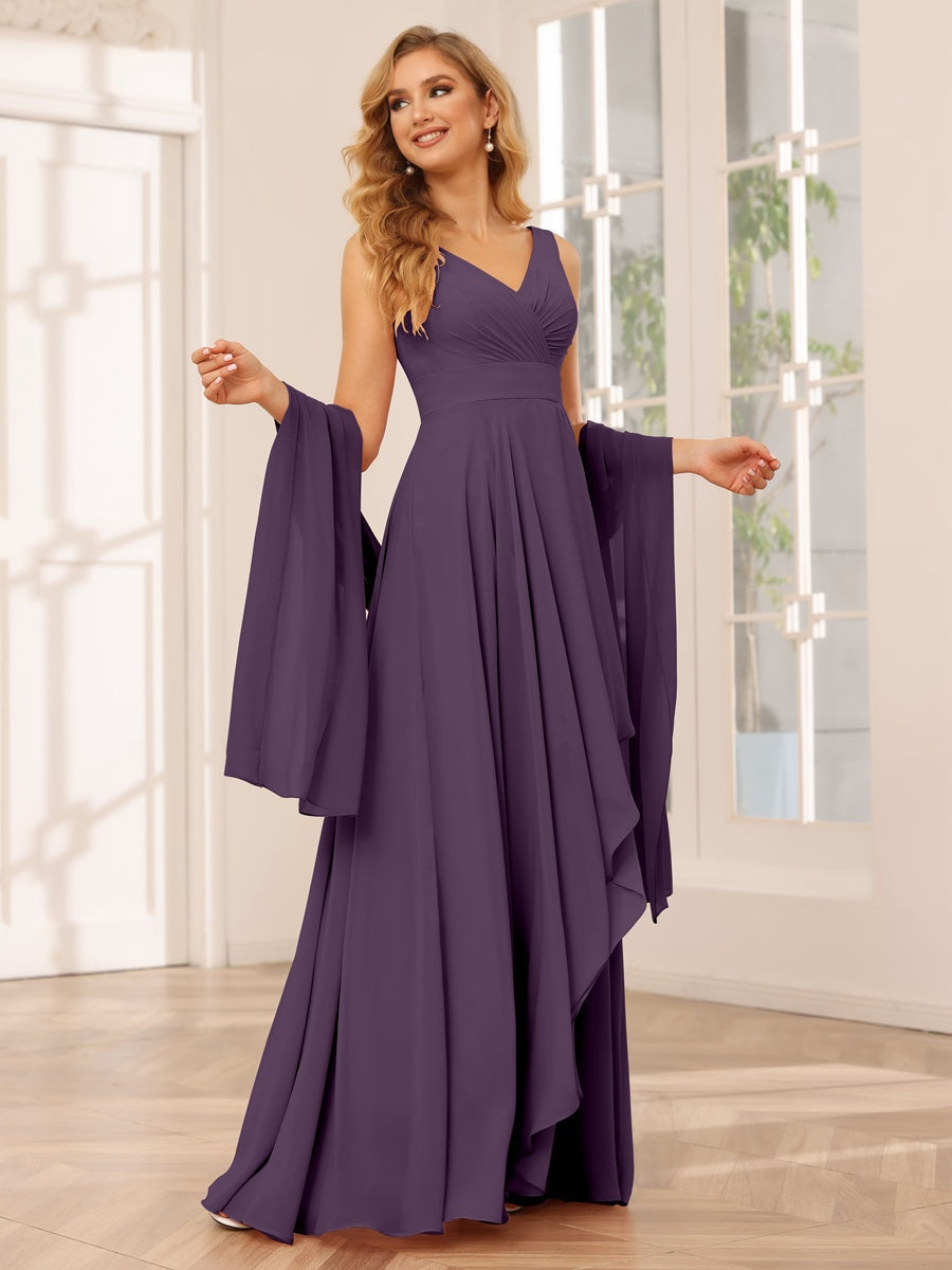 V-Neck Sleeveless A-Line Princess Floor-Length Asymmetrical Ruffled Bridesmaid Dresses