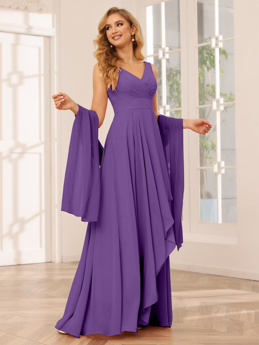 V-Neck Sleeveless A-Line Princess Floor-Length Asymmetrical Ruffled Bridesmaid Dresses
