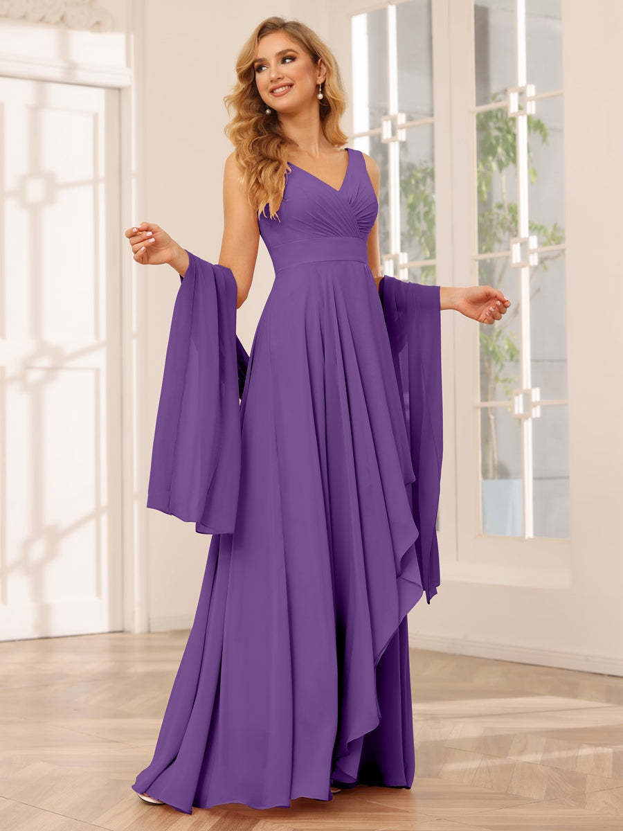 V-Neck Sleeveless A-Line Princess Floor-Length Asymmetrical Ruffled Bridesmaid Dresses