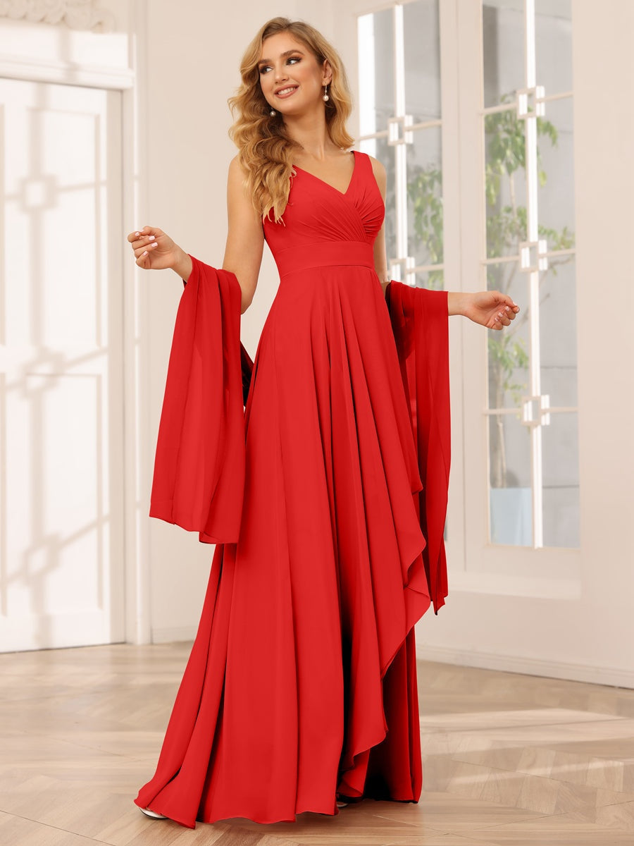 V-Neck Sleeveless A-Line Princess Floor-Length Asymmetrical Ruffled Bridesmaid Dresses