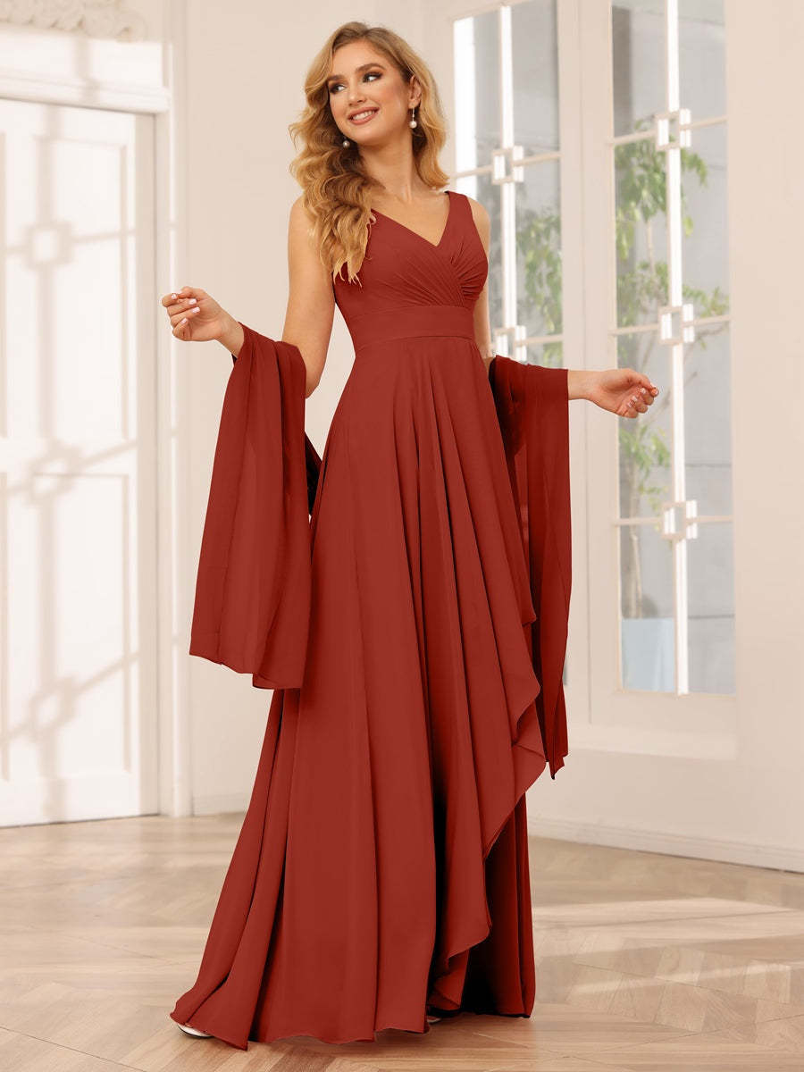 V-Neck Sleeveless A-Line Princess Floor-Length Asymmetrical Ruffled Bridesmaid Dresses