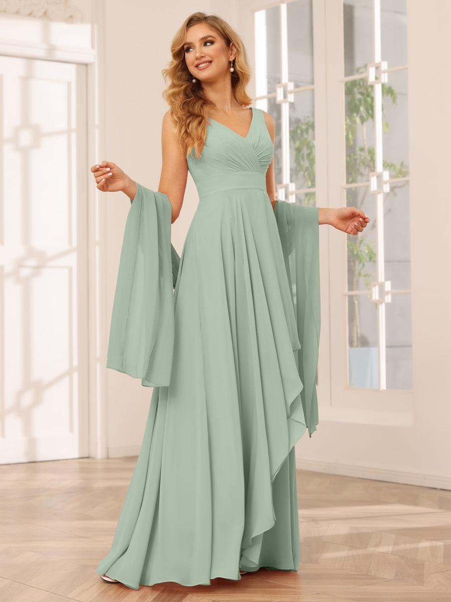 V-Neck Sleeveless A-Line Princess Floor-Length Asymmetrical Ruffled Bridesmaid Dresses