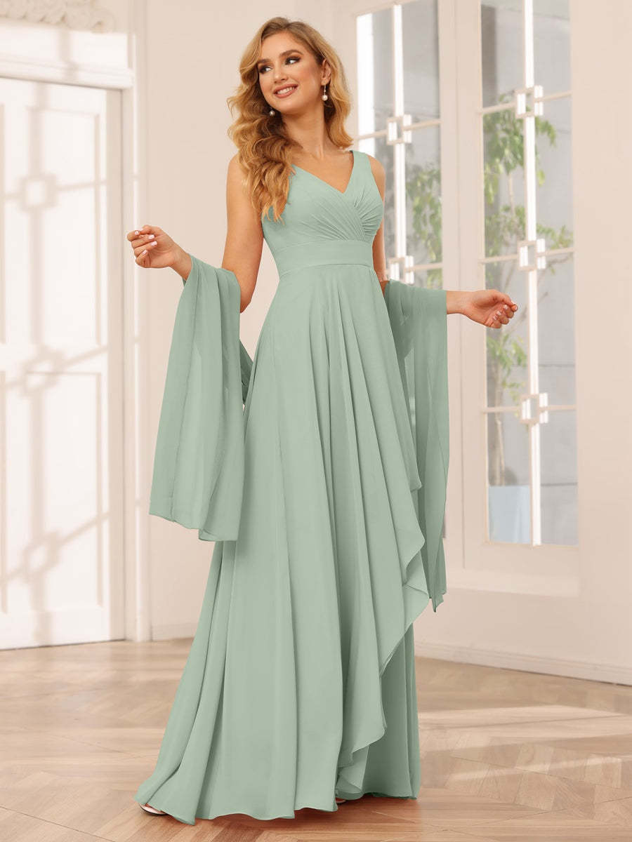 V-Neck Sleeveless A-Line Princess Floor-Length Asymmetrical Ruffled Bridesmaid Dresses