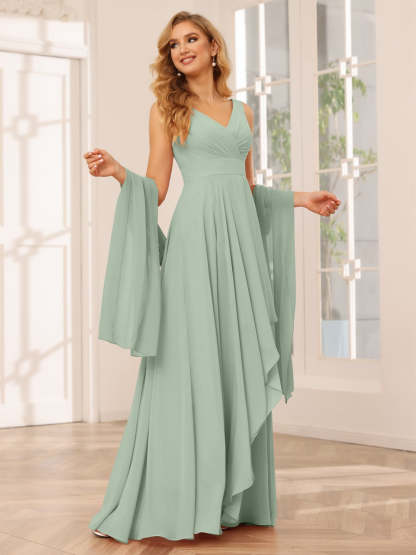 V-Neck Sleeveless A-Line Princess Floor-Length Asymmetrical Ruffled Bridesmaid Dresses