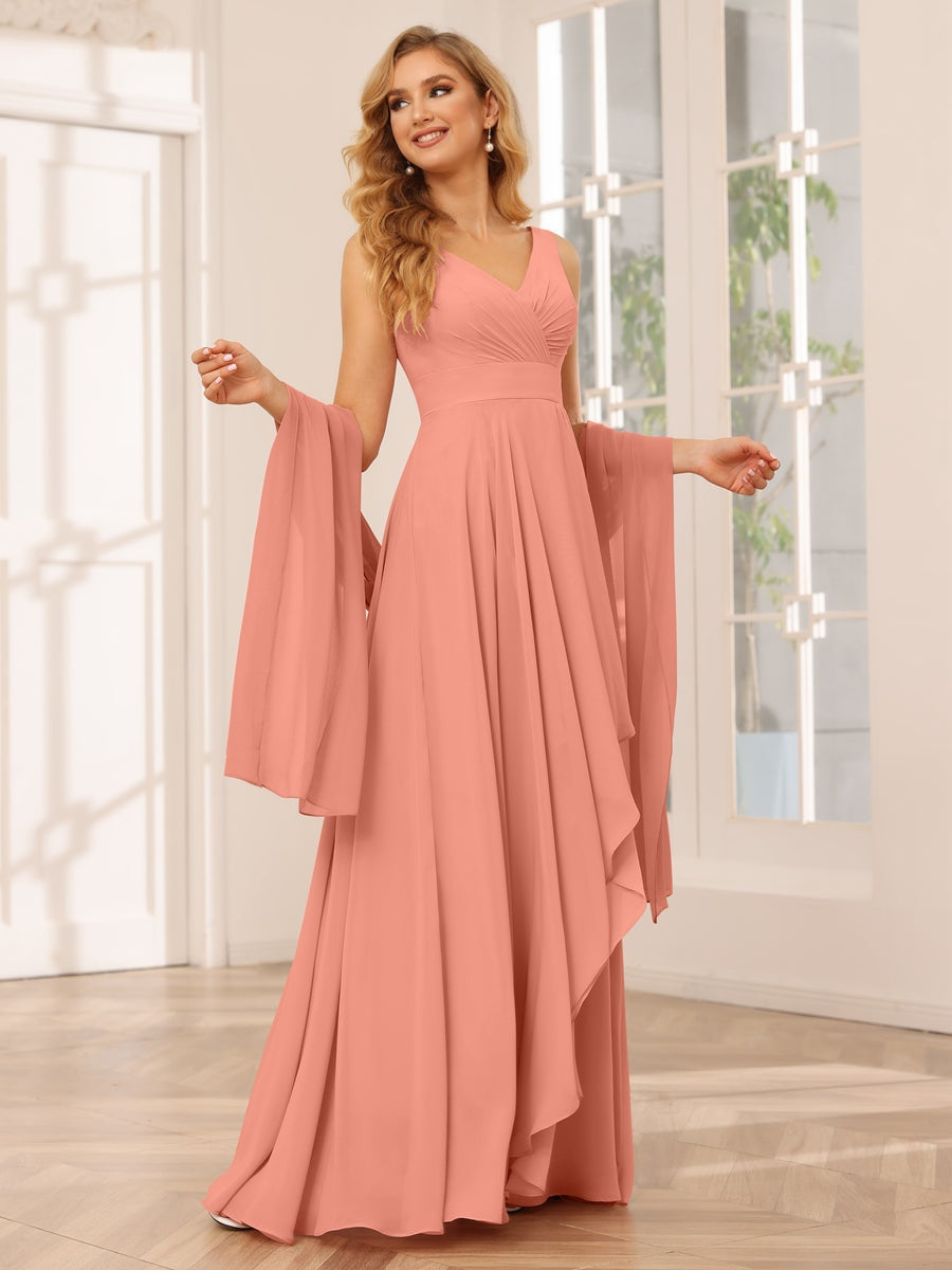 V-Neck Sleeveless A-Line Princess Floor-Length Asymmetrical Ruffled Bridesmaid Dresses