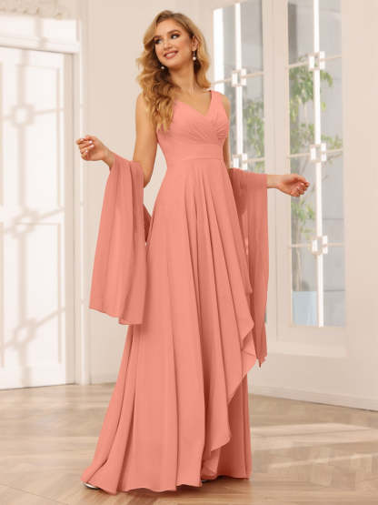 V-Neck Sleeveless A-Line Princess Floor-Length Asymmetrical Ruffled Bridesmaid Dresses