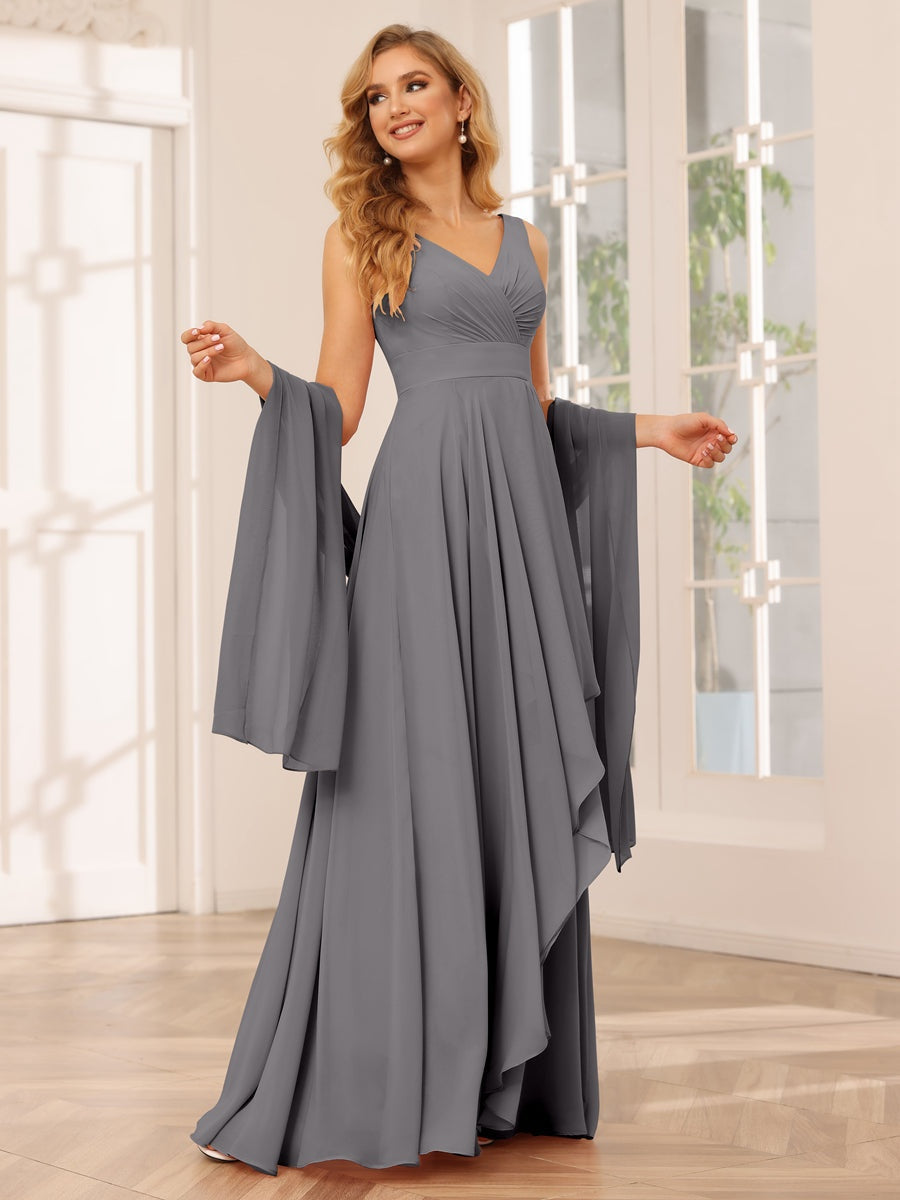V-Neck Sleeveless A-Line Princess Floor-Length Asymmetrical Ruffled Bridesmaid Dresses