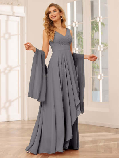 V-Neck Sleeveless A-Line Princess Floor-Length Asymmetrical Ruffled Bridesmaid Dresses