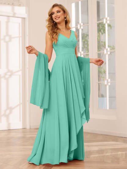 V-Neck Sleeveless A-Line Princess Floor-Length Asymmetrical Ruffled Bridesmaid Dresses