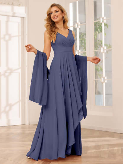 V-Neck Sleeveless A-Line Princess Floor-Length Asymmetrical Ruffled Bridesmaid Dresses
