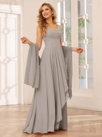 V-Neck Sleeveless A-Line Princess Floor-Length Asymmetrical Ruffled Bridesmaid Dresses