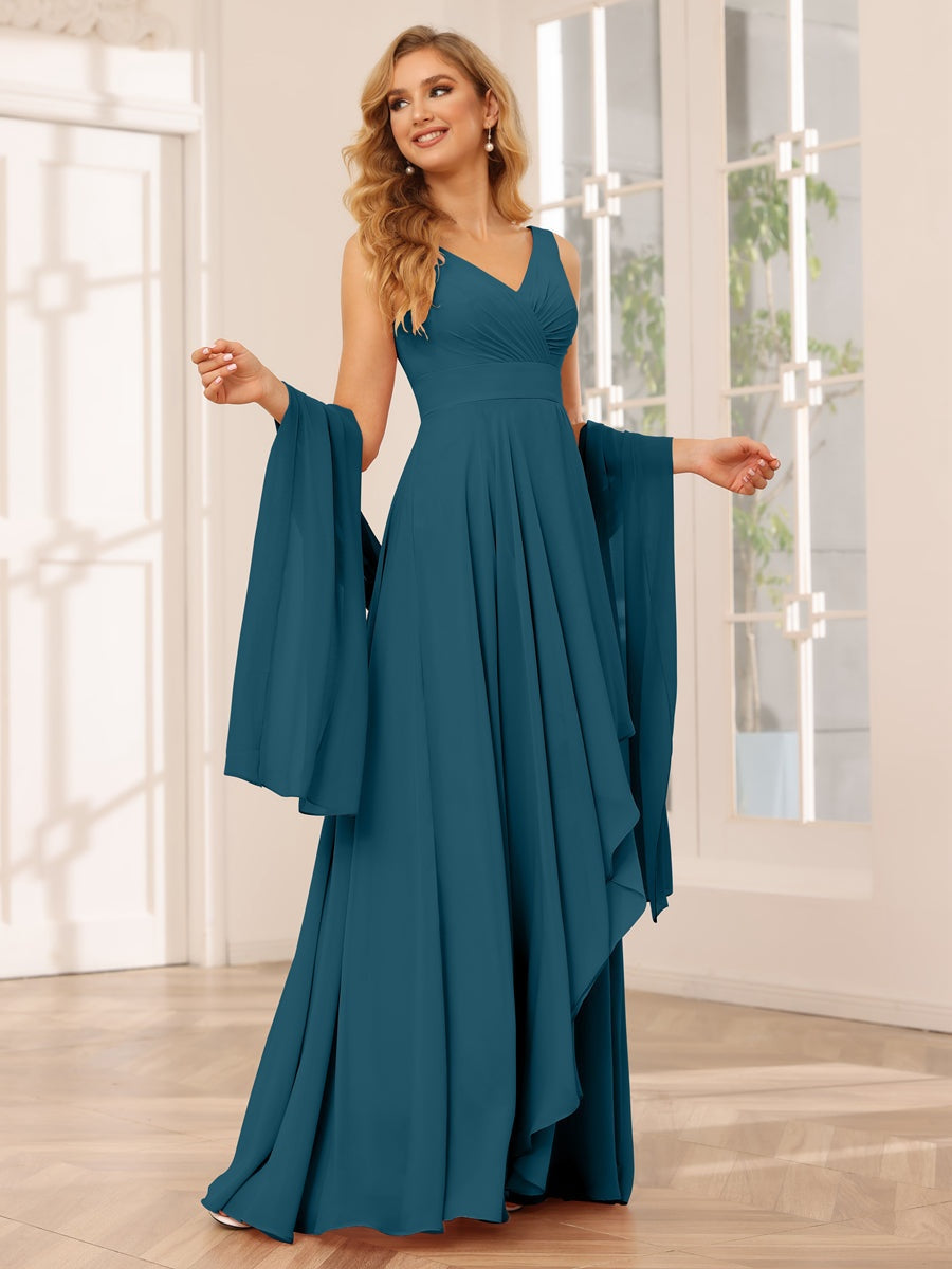 V-Neck Sleeveless A-Line Princess Floor-Length Asymmetrical Ruffled Bridesmaid Dresses
