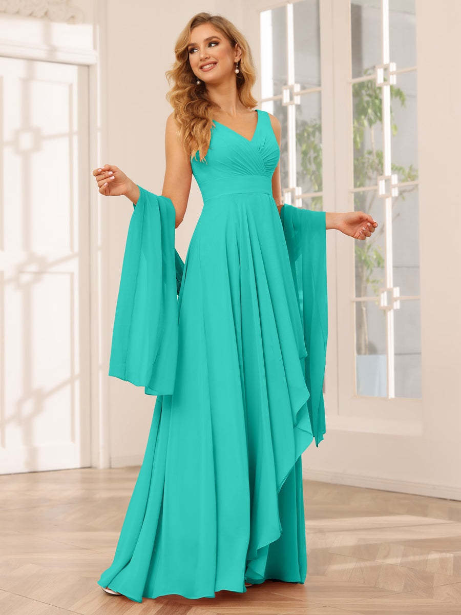 V-Neck Sleeveless A-Line Princess Floor-Length Asymmetrical Ruffled Bridesmaid Dresses