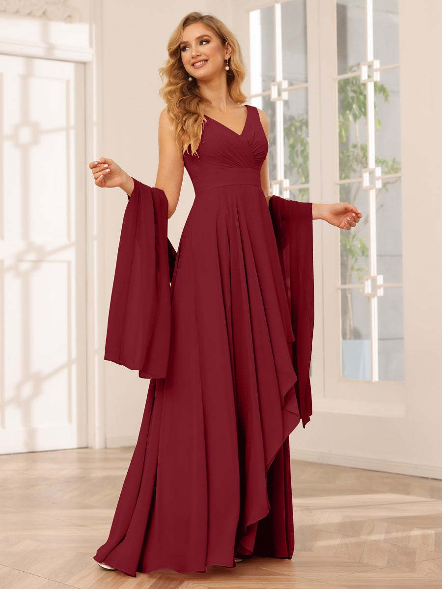 V-Neck Sleeveless A-Line Princess Floor-Length Asymmetrical Ruffled Bridesmaid Dresses